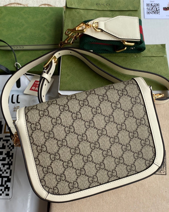 Gucci Horsebit 1955 GG Supreme Mini Shoulder Bag – White Leather Trim