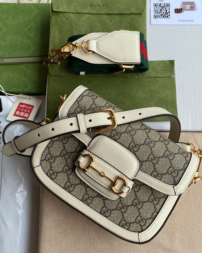 Gucci Horsebit 1955 GG Supreme Mini Shoulder Bag – White Leather Trim