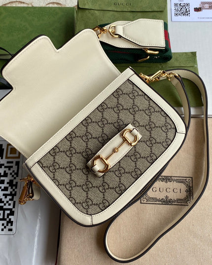 Gucci Horsebit 1955 GG Supreme Mini Shoulder Bag – White Leather Trim