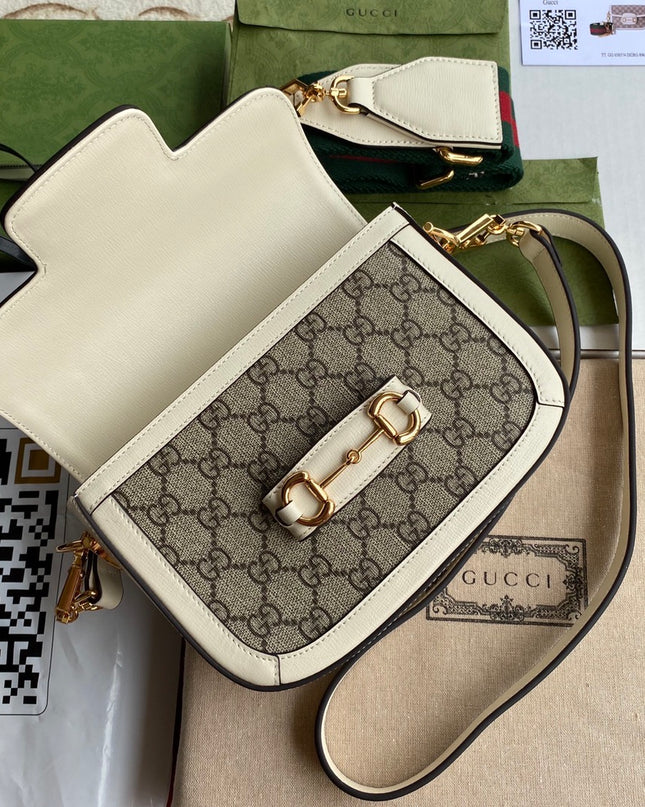 Gucci Horsebit 1955 GG Supreme Mini Shoulder Bag – White Leather Trim