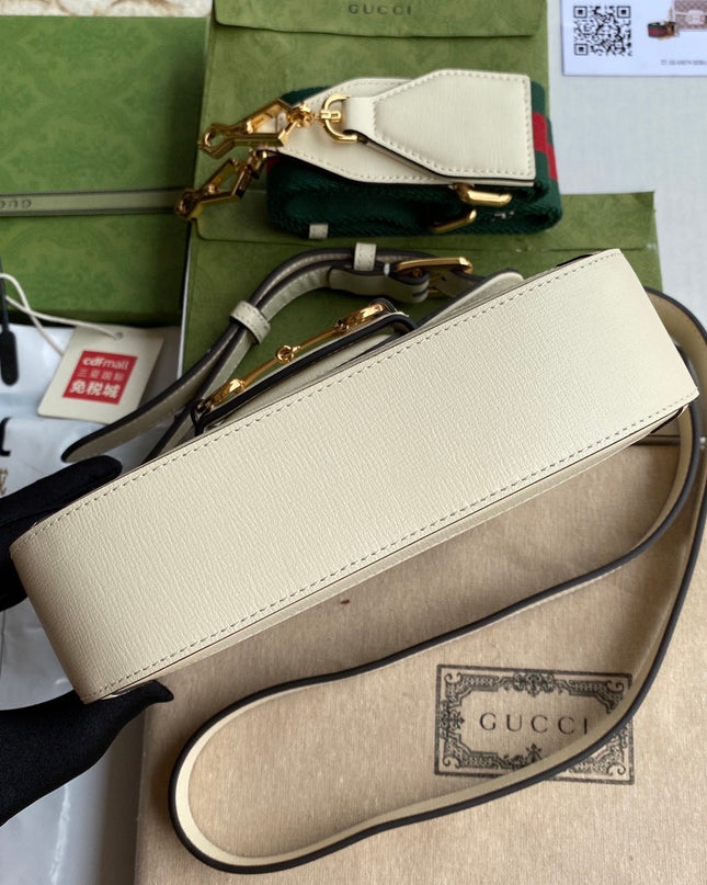 Gucci Horsebit 1955 GG Supreme Mini Shoulder Bag – White Leather Trim