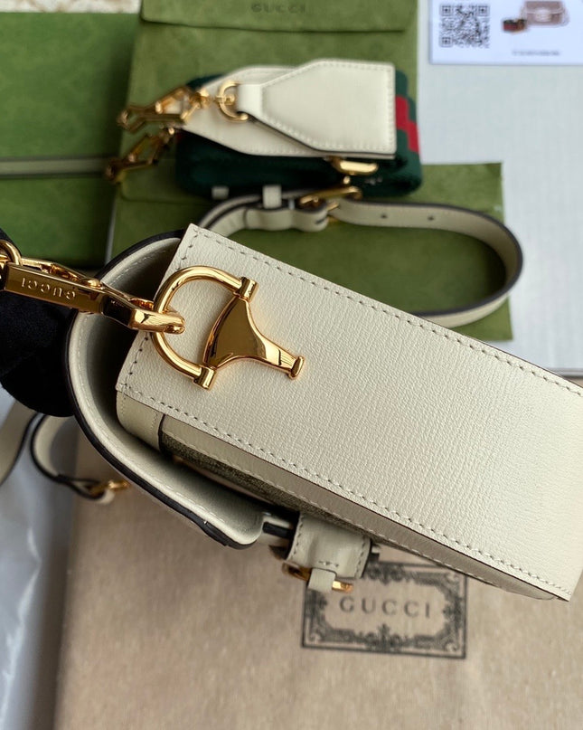 Gucci Horsebit 1955 GG Supreme Mini Shoulder Bag – White Leather Trim