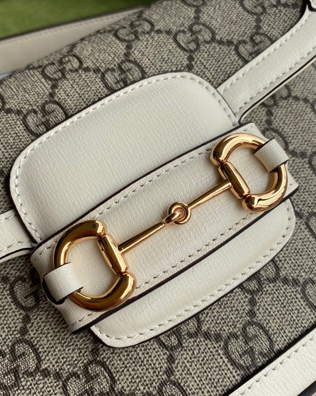 Gucci Horsebit 1955 GG Supreme Mini Shoulder Bag – White Leather Trim