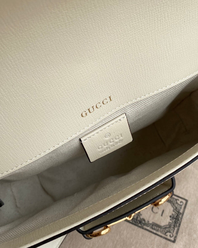 Gucci Horsebit 1955 GG Supreme Mini Shoulder Bag – White Leather Trim