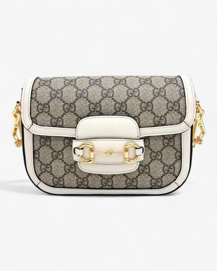 Gucci Horsebit 1955 GG Supreme Mini Shoulder Bag – White Leather Trim