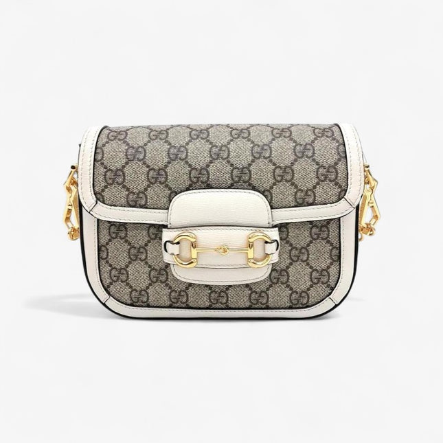 Gucci Horsebit 1955 GG Supreme Mini Shoulder Bag – White Leather Trim