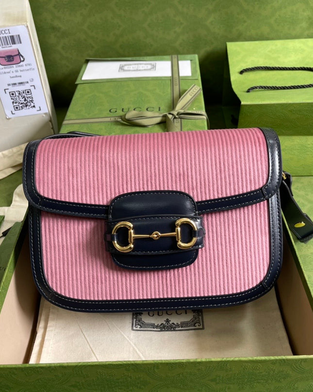 Gucci Horsebit 1955 Shoulder Bag – Pink Corduroy & Black Leather
