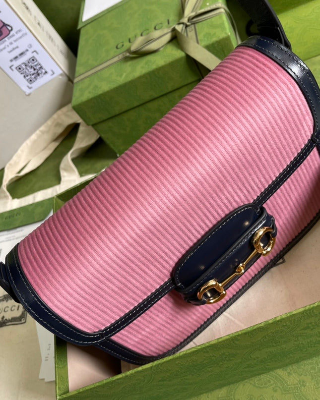 Gucci Horsebit 1955 Shoulder Bag – Pink Corduroy & Black Leather