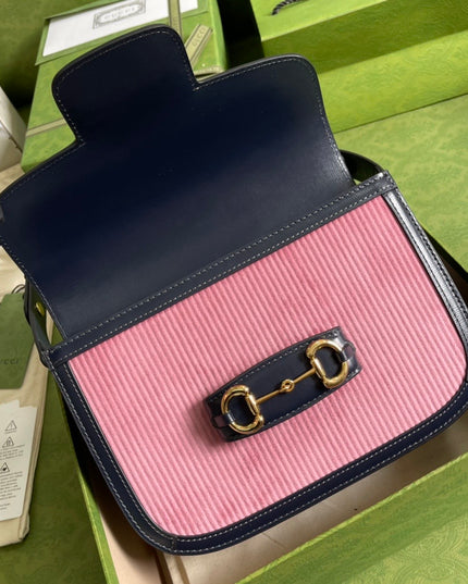 Gucci Horsebit 1955 Shoulder Bag – Pink Corduroy & Black Leather