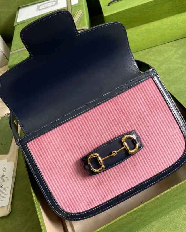 Gucci Horsebit 1955 Shoulder Bag – Pink Corduroy & Black Leather
