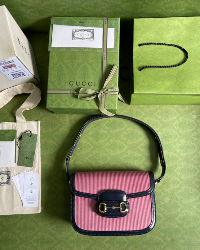 Gucci Horsebit 1955 Shoulder Bag – Pink Corduroy & Black Leather