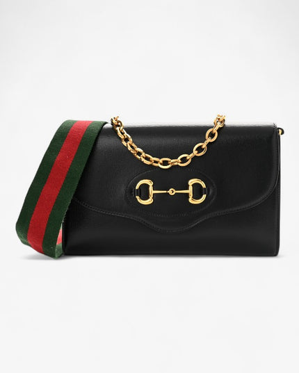 Gucci Horsebit 1955 Small Bag 677286 – Black Leather with Web & Chain Straps