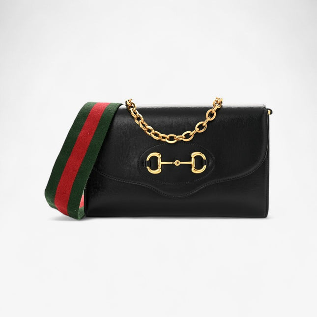 Gucci Horsebit 1955 Small Bag 677286 – Black Leather with Web & Chain Straps