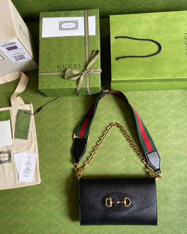 Gucci Horsebit 1955 Small Bag 677286 – Black Leather with Web & Chain Straps