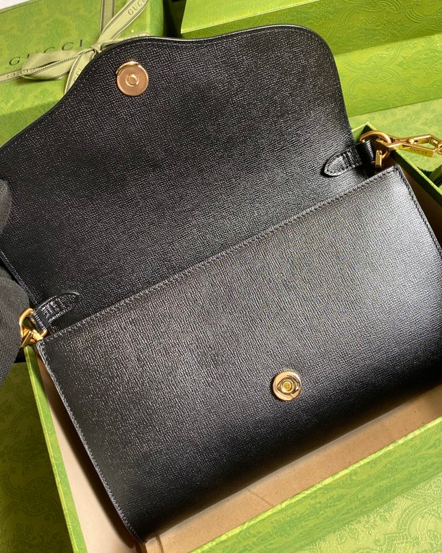 Gucci Horsebit 1955 Small Bag 677286 – Black Leather with Web & Chain Straps