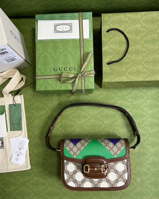Gucci Horsebit 1955 GG Shoulder Bag – Multicolor Geometric & Polka Dot Print