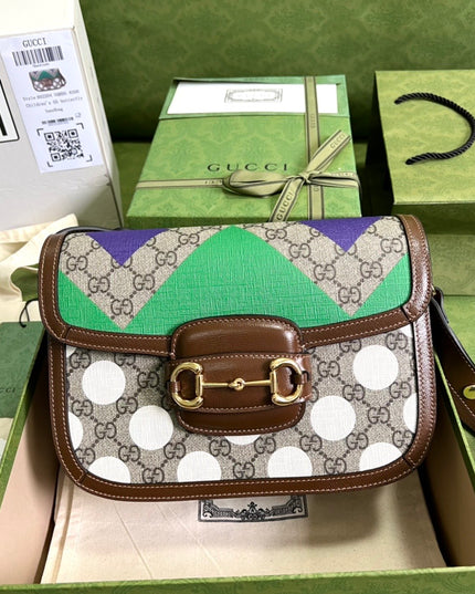 Gucci Horsebit 1955 GG Shoulder Bag – Multicolor Geometric & Polka Dot Print