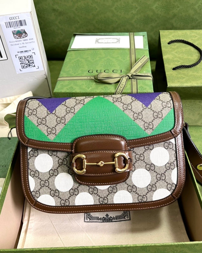 Gucci Horsebit 1955 GG Shoulder Bag – Multicolor Geometric & Polka Dot Print