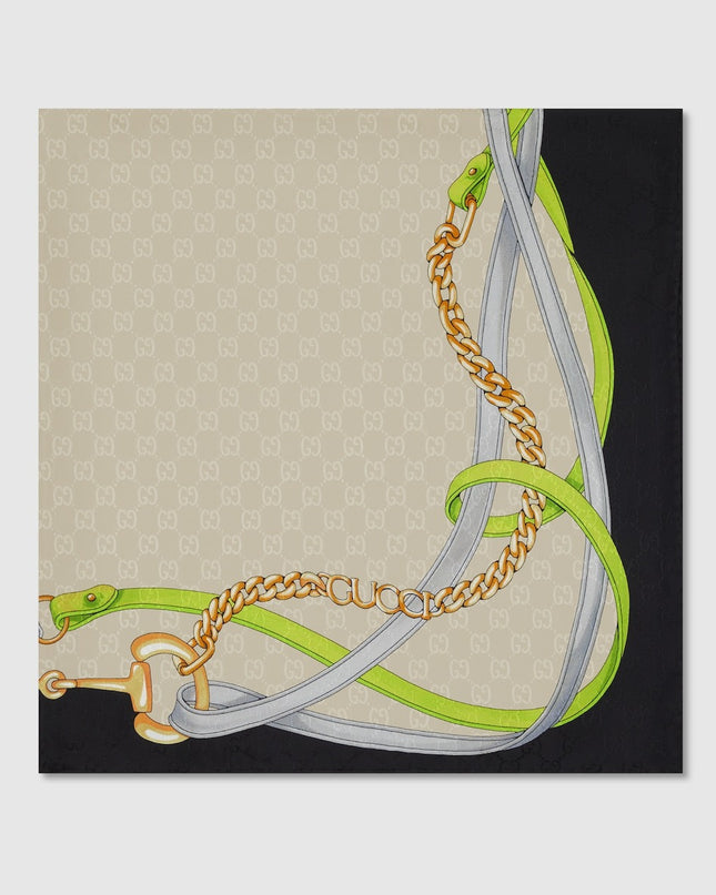 Gucci Horsebit Chains & Belts Silk Jacquard Carré Scarf – Light Green & Black