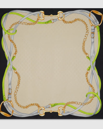 Gucci Horsebit Chains & Belts Silk Jacquard Carré Scarf – Light Green & Black
