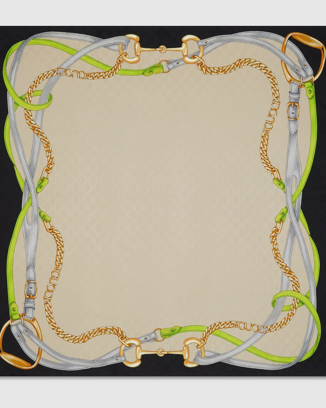 Gucci Horsebit Chains & Belts Silk Jacquard Carré Scarf – Light Green & Black