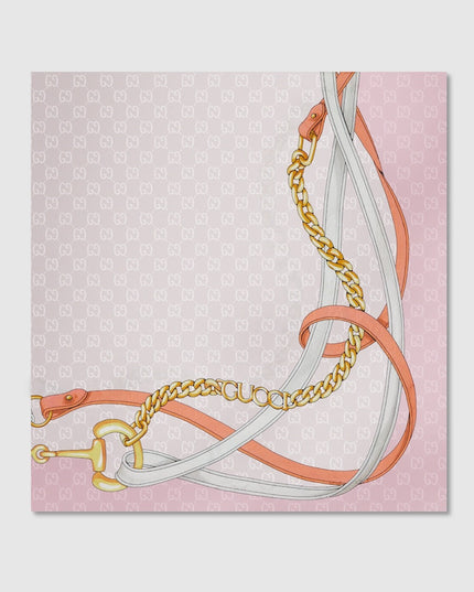 Gucci Horsebit Chains & Belts Silk Jacquard Carré Scarf – Light Pink