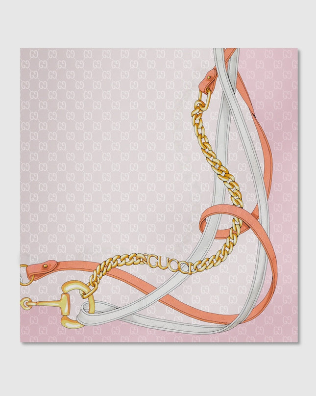 Gucci Horsebit Chains & Belts Silk Jacquard Carré Scarf – Light Pink