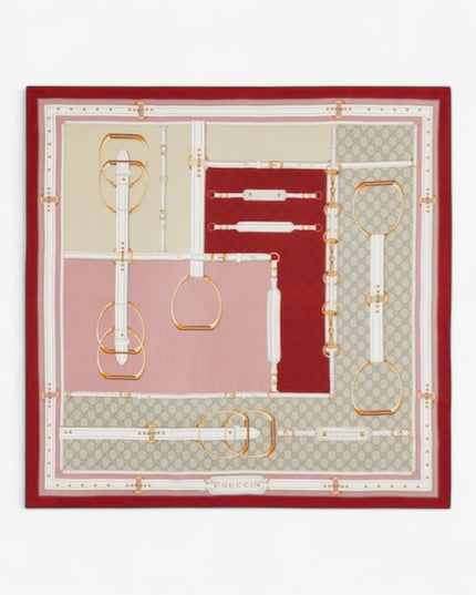 Gucci Horsebit Print Silk Twill Carré Scarf – Bordeaux & Pink