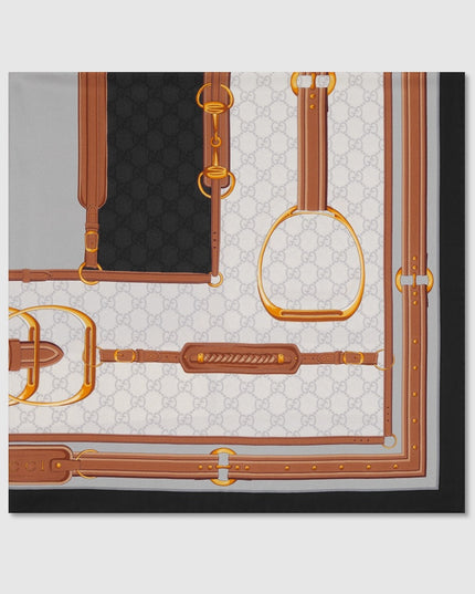 Gucci Horsebit Print Silk Twill Carré Scarf – Grey & Ivory