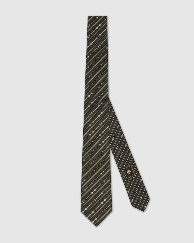 Gucci Horsebit Silk Jacquard Tie – Black & Grey Stripe