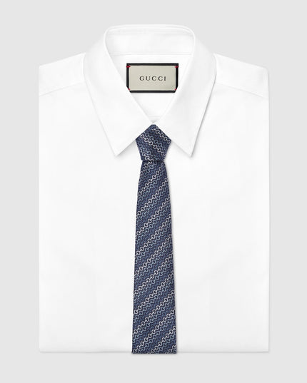 Gucci Horsebit Silk Jacquard Tie – Dark Blue Diagonal Pattern