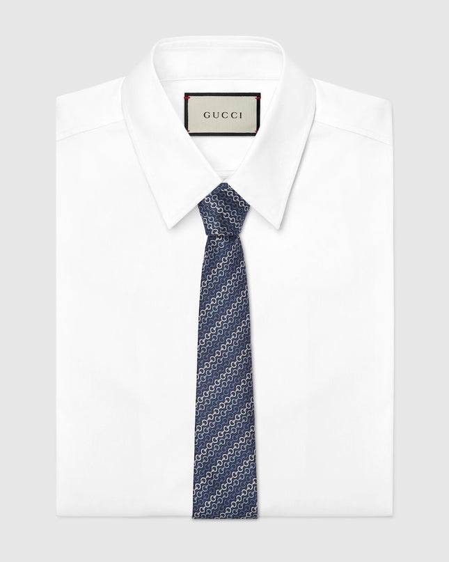 Gucci Horsebit Silk Jacquard Tie – Dark Blue Diagonal Pattern