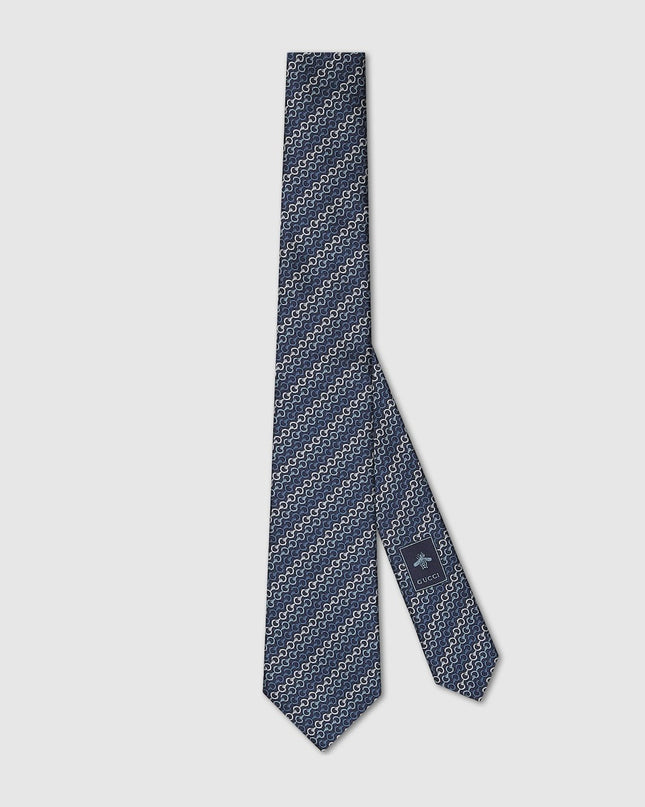 Gucci Horsebit Silk Jacquard Tie – Dark Blue Diagonal Pattern