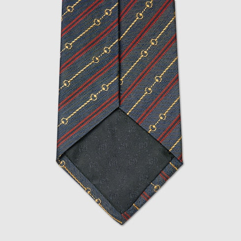 Gucci Horsebit Silk Jacquard Tie – Navy & Red Stripe
