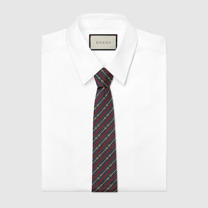 Gucci Horsebit Silk Jacquard Tie – Navy & Red Stripe