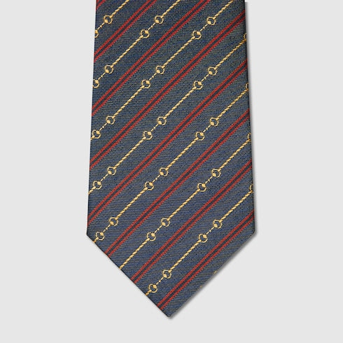 Gucci Horsebit Silk Jacquard Tie – Navy & Red Stripe