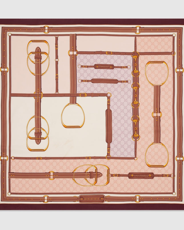 Gucci Horsebit & Stirrup Silk Carré Scarf – Beige