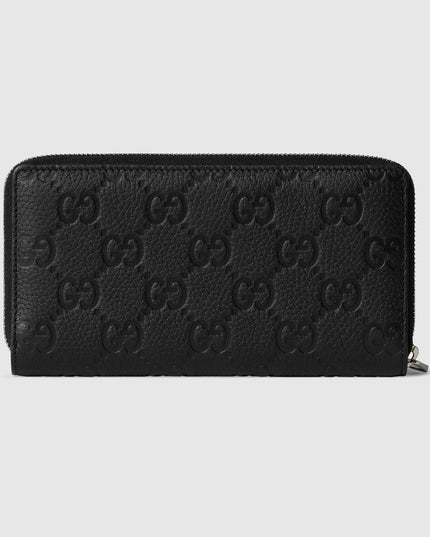 Gucci Imprint Black Embossed Leather Zip Around Wallet