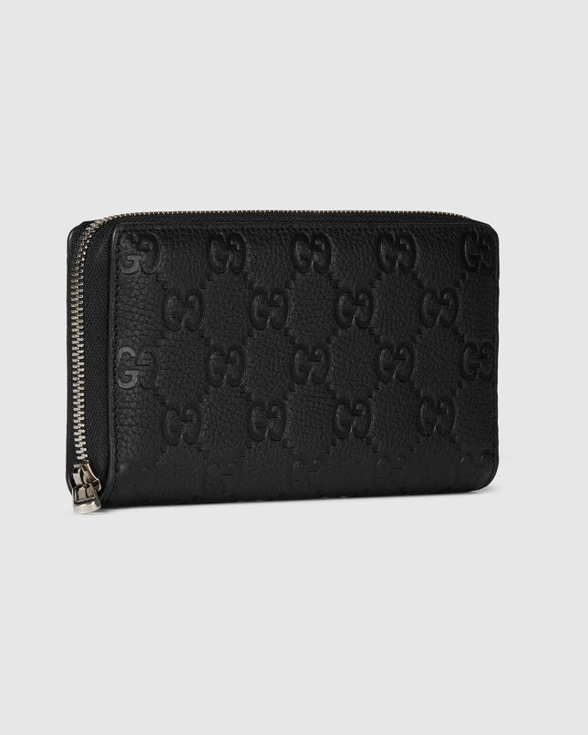 Gucci Imprint Black Embossed Leather Zip Around Wallet