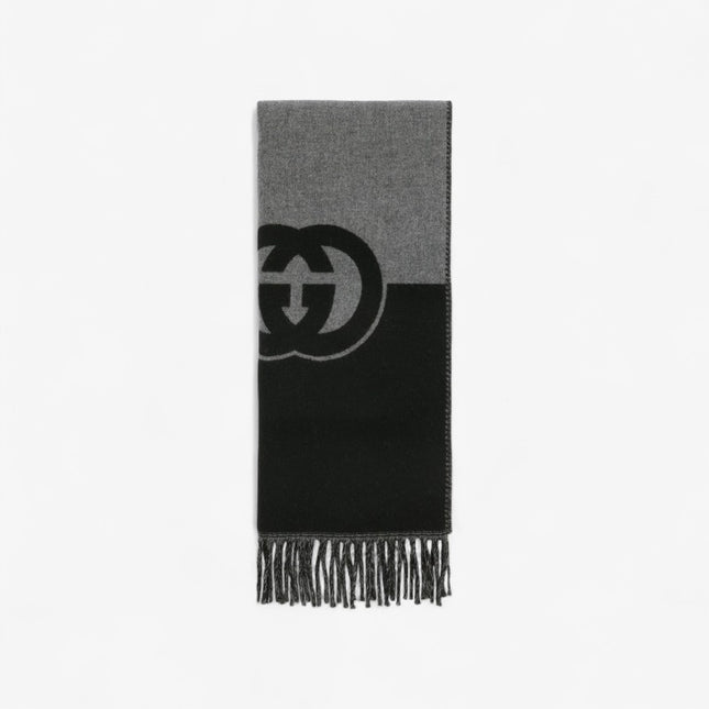Gucci Interlocking G Jacquard Wool Cashmere Scarf – Black & Grey