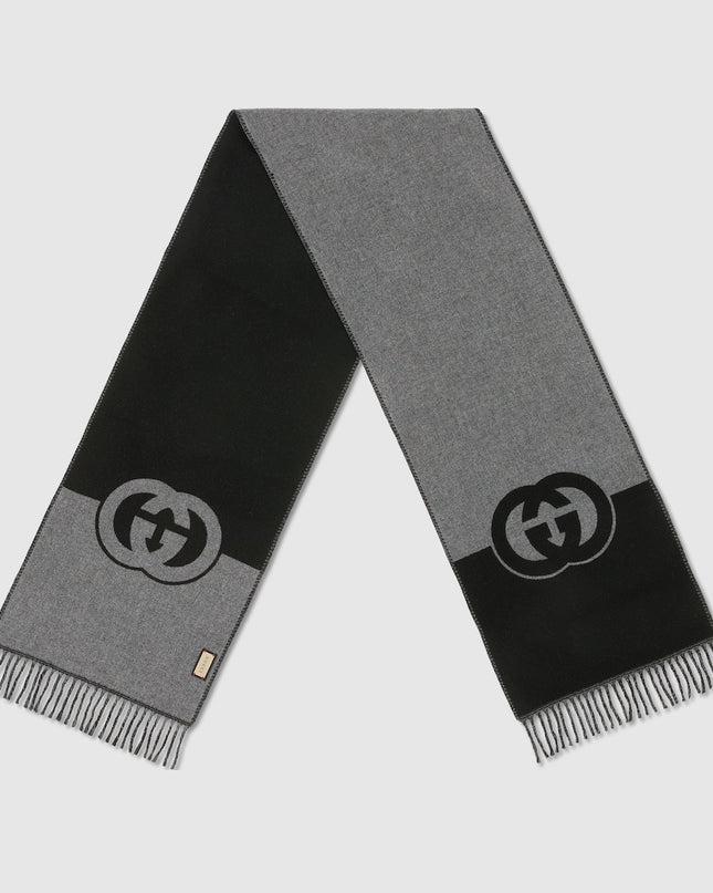 Gucci Interlocking G Jacquard Wool Cashmere Scarf – Black & Grey
