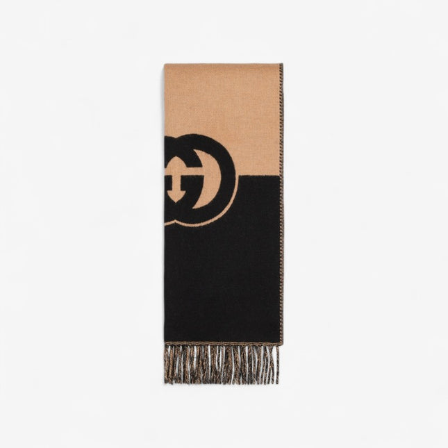 Gucci Interlocking G Wool Scarf – Beige & Black