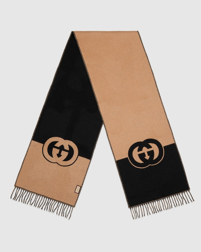 Gucci Interlocking G Wool Scarf – Beige & Black