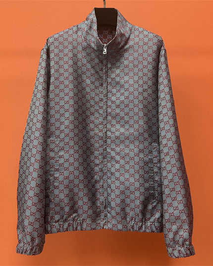 Gucci Jumbo GG Zip Jacket with Web Trim (Grey & Red Monogram)