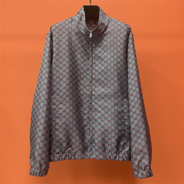 Gucci Jumbo GG Zip Jacket with Web Trim (Grey & Red Monogram)