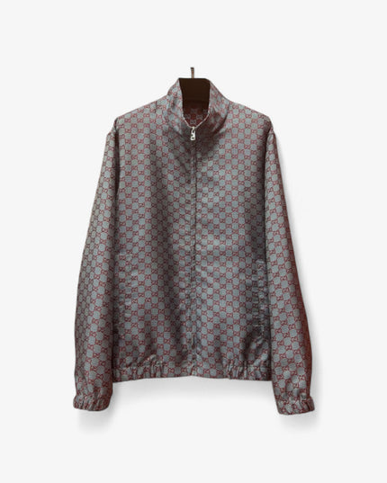 Gucci Jumbo GG Zip Jacket with Web Trim (Grey & Red Monogram)