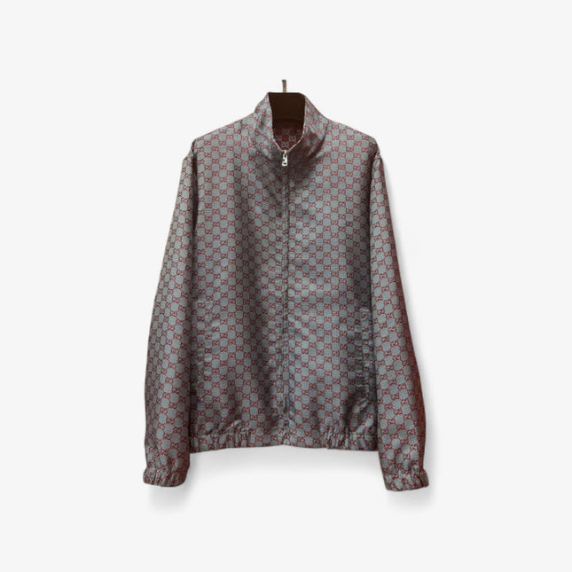 Gucci Jumbo GG Zip Jacket with Web Trim (Grey & Red Monogram)