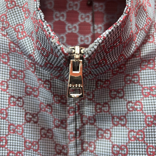 Gucci Jumbo GG Zip Jacket with Web Trim (Grey & Red Monogram)