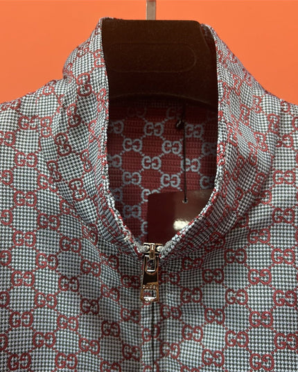 Gucci Jumbo GG Zip Jacket with Web Trim (Grey & Red Monogram)