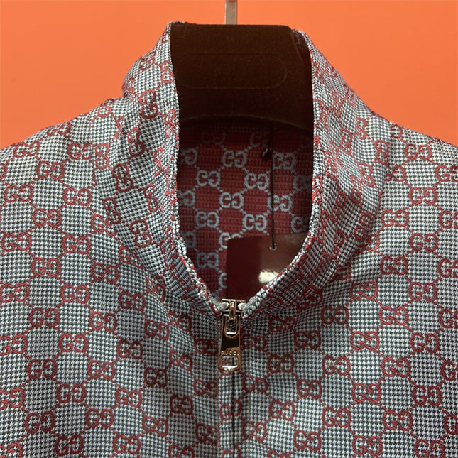 Gucci Jumbo GG Zip Jacket with Web Trim (Grey & Red Monogram)